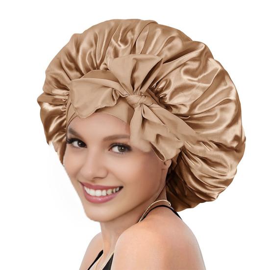Satin Hair Bonnet for Sleeping Women Double-Layer Faux Silk Cap with Tie Curling