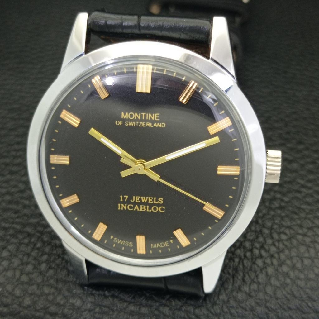 ШВЕЙЦАРСКИЕ ВИНТАЖНЫЕ МУЖСКИЕ ЧАСЫ MONTINE С РУЧНЫМ ПОДЗАВОДОМ ВОССТАНОВЛЕННЫЕ ЧЕРНЫЙ ЦИФЕРБЛАТ a441065-1