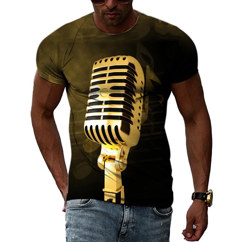 Summer Fashion Music Element Pattern T-shirt Hip-Hop Trend Microphone  Printing Tops Casual Novelty Men's Short Sleeved Clothing