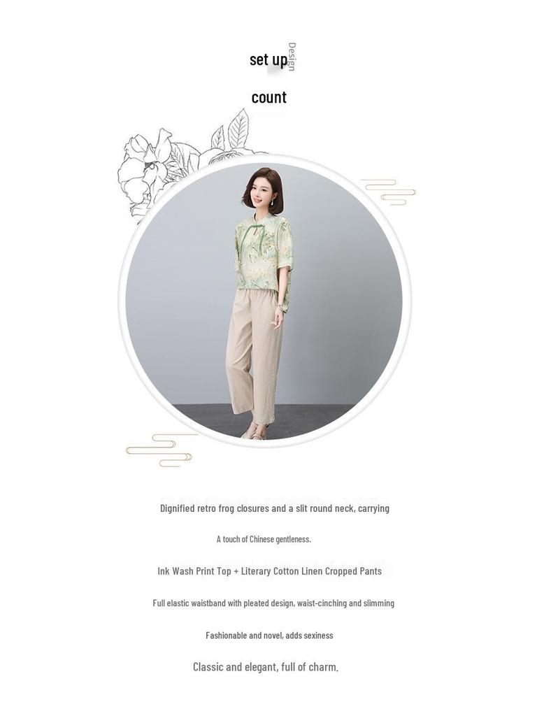 Летний женский костюм в национальном стиле из хлопка и льна, состоящий из двух предметов, для пышных фигур