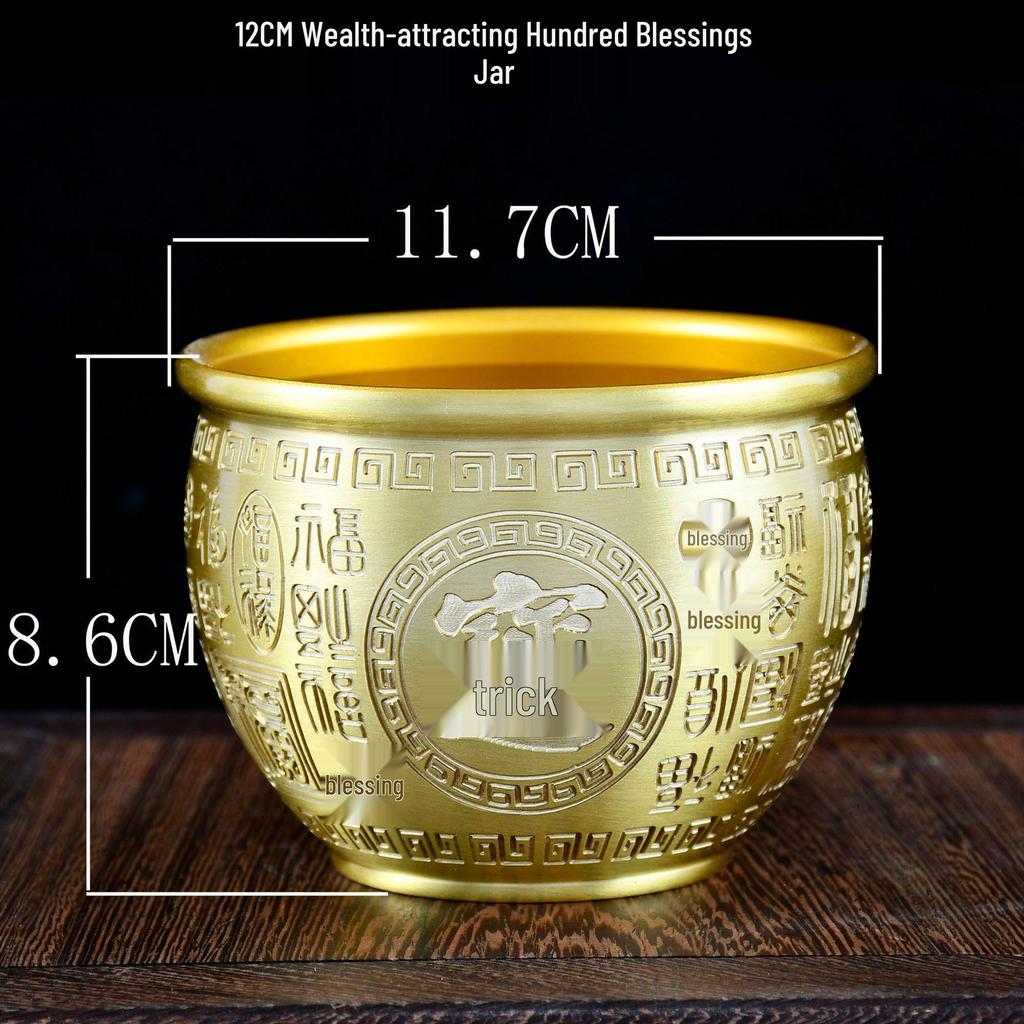 Brass Rice Jar: Home Decoration Treasure Basin with Hundred Blessings Couplet