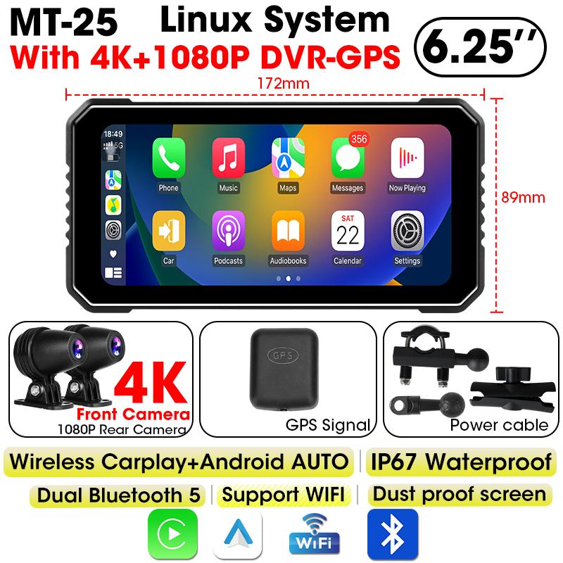 6,25-дюймовый 4K+1080P DVR мотоцикл GPS навигация беспроводной CarPlay Android Auto IPX7 водонепроницаемый экран Bluetooth двойной объектив Moto