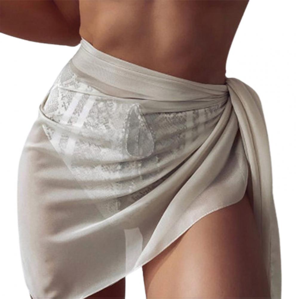 Women Short Swimsuit Cover Ups Lace Up Net Yarn Beach Bikini Wrap Sheer Short Skirt Chiffon Scarf Cover Up Swimwear Beach Skirt