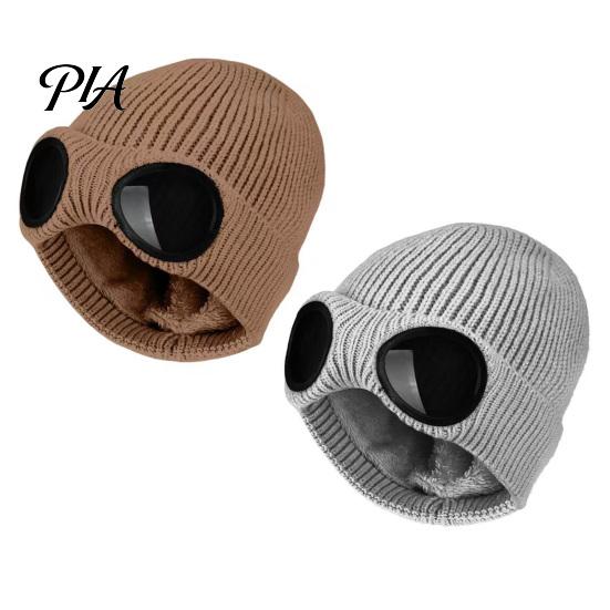 Warm Hat for Most Head Sizes 2Pcs Fleece Lined Hats with Goggles, Winter Knit Casual Accessory Outdoor Activities Hats, Windproof Skiing Caps