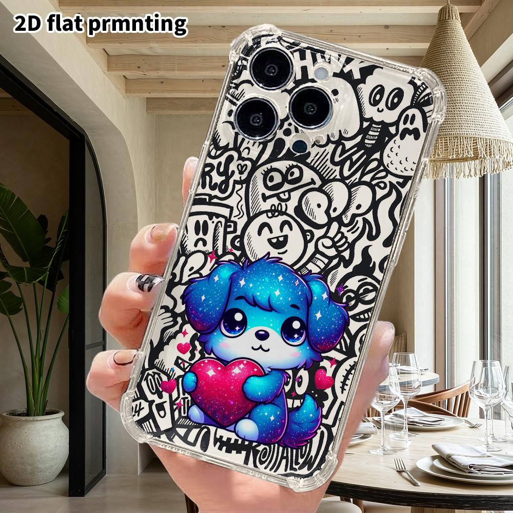 Phone Case: 2D flat suitable for iPhone 18 17 16 15 14 13 Pro, transparent four corner protective case, starry sky puppy, Christmas and Halloween gift