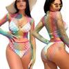 Fishnet Mesh Tights Erotic Nightwear Lingerie Long Sleeve Top & Skirt Set Hollow Out Rainbow Fishnet Mesh Bodystockings