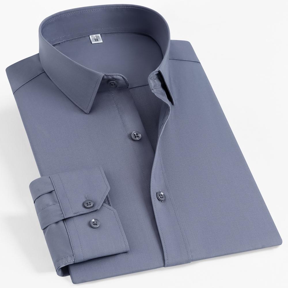 Men's 4-Way Stretch Long Sleeve Wrinkle-Free Dress Shirt without Pocket, Formal Business Solid Color Button-up Menswear Clothing