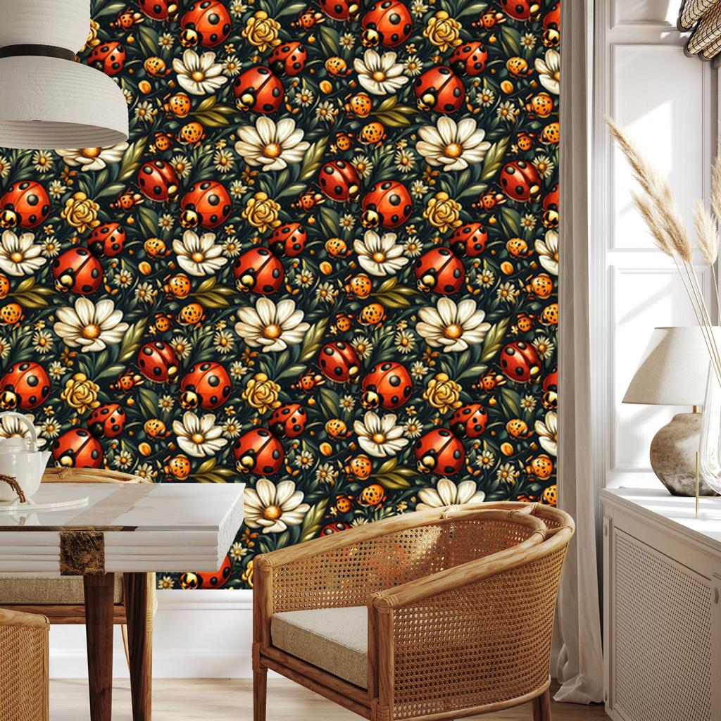 Ladybug Wallpaper Gold and Bottle Green for Living Room and Bedroom 50x1000