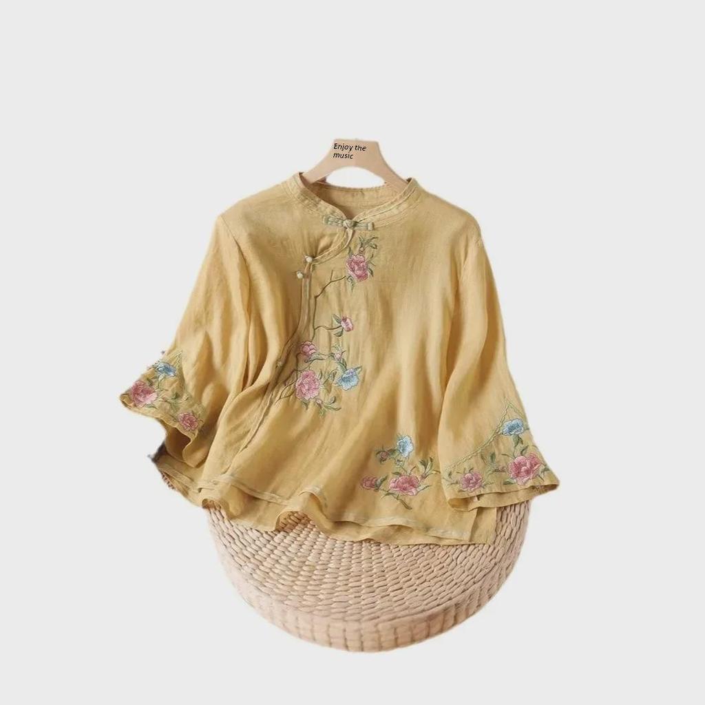 Женский этнический хлопковый топ с вышивкой - китайская косая планка с пуговицами-лягушками, художественная летняя рубашка