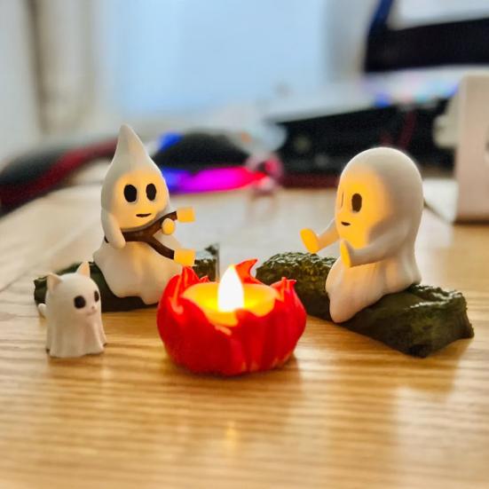 Ghost Campfire Gathering Scene Resin 2 Ghosts with Cat/Dog Making Smores Figurine Flickering LED Bonfire Halloween Night Light