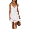 Women Sling Dress Spaghetti Straps V-Neck Lace Solid Summer Mini Thin Shoulder Strap Dress for Club Party