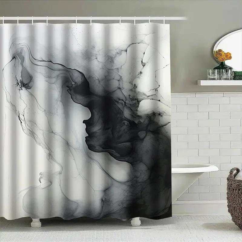 White Shower Curtain with Black Smoke Effect Decorative Print for Bathroom Decoration Polyester Material Waterproof Fabric Shr