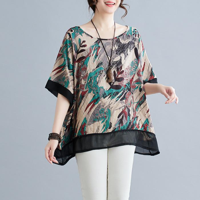 Футболка большого размера из хлопка и льна для женщин, летняя, новый стиль, литературный принт, свободная, с принтом мяса, повседневная, универсальная, с круглым вырезом и короткими рукавами