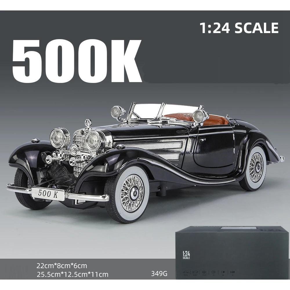 1/24 Benz 500K Классическая старинная игрушечная машинка для детей Литая модель из сплава Миниатюрная модель Звуковая коллекция со светом Подарок на день рождения для ребенка