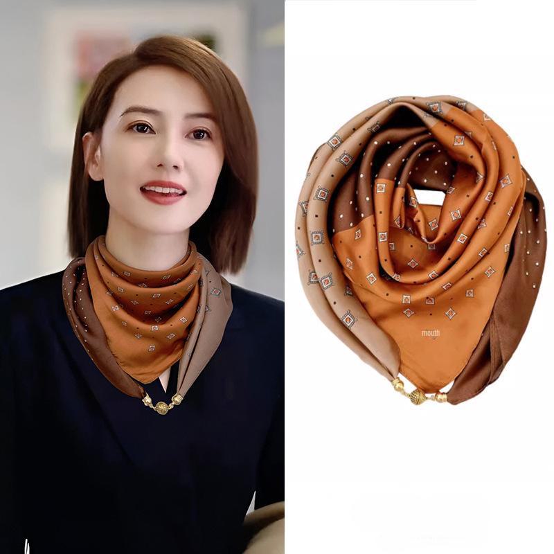 Magnetic Buckle Silk Neck Scarf: Triangle Design for Women, 70x70cm, Lightweight Spring/Summer/Autumn Accessory