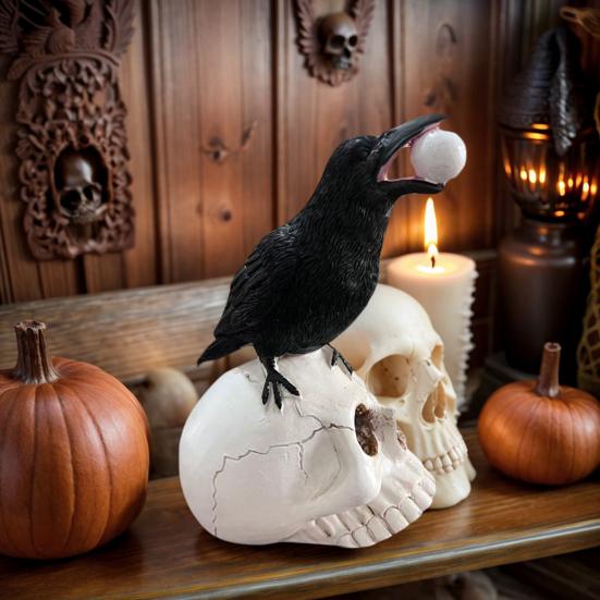 yangyizhi Raven on Skull Halloween Home Decor, Gothic Crow Statue, Bird Perching Skeleton Figurine, Macabre Ossuary Sculpture