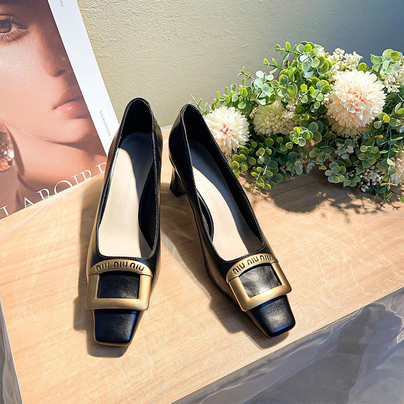 6888-3 French Square Head High Heels Women's Fashion Commuting Temperament Light Mouth Thick Heel Single Shoes Metal Square Buckle High Heels