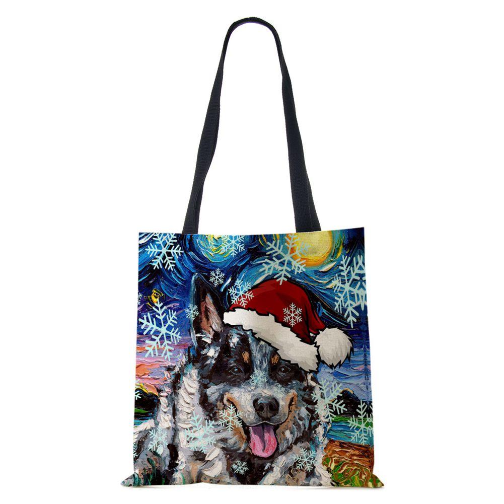 Рождественская Холщовая Сумка-Шоппер с Принтом Собаки Харадзюку Женская Многоразовая Сумка через Плечо 2022 Повседневная Вместительная Складная Сумка KTY