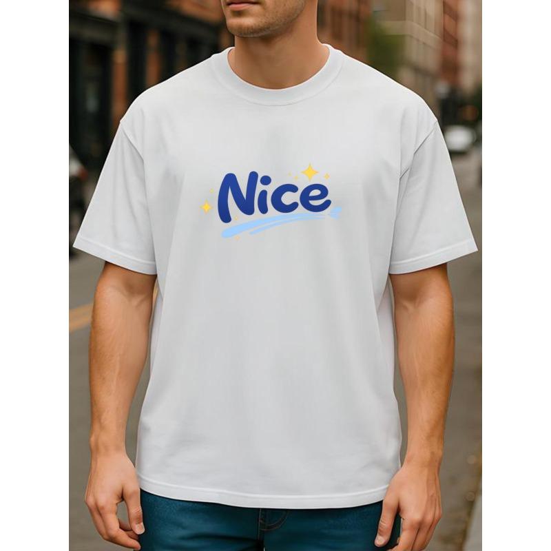 Европейские размеры Синие Художественные Шрифты в Сочетании с Желтой Звездой Декоративные Элементы Принты, Легкие и Удобные Футболки с Круглым Вырезом и Короткой Рукавой