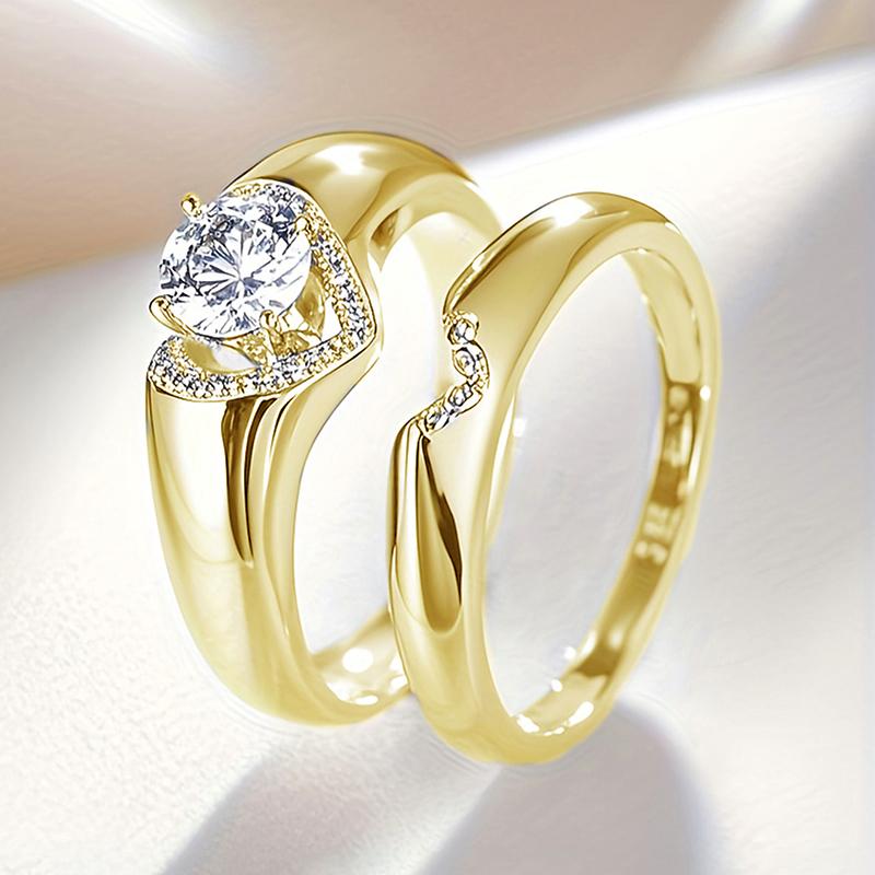 Huitan Fashion 2Pcs Heart Rings Set Female Delicate Opulent Brilliant Accessory for Engagement Stylish Gorgeous Wedding Jewelry