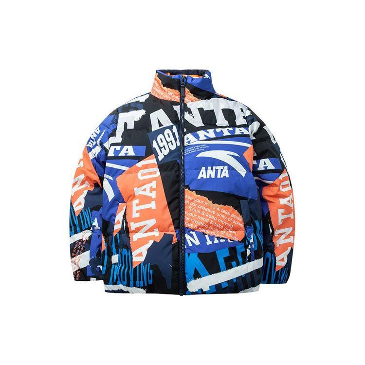 Anta Life Series контрастный буквенный логотип с полным принтом, спортивный теплый пуховик с воротником-стойкой, мужская верхняя одежда, синий 152148904-1