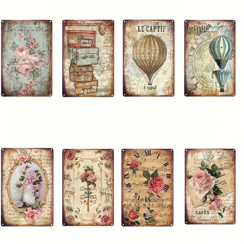 2Pcs 7.8×11.8in European Vintage Tin Paintings - Travel Music Flower Hot Air Balloon Decor - Indoor/Outdoor Wall Art for Home/Bar/Cafe