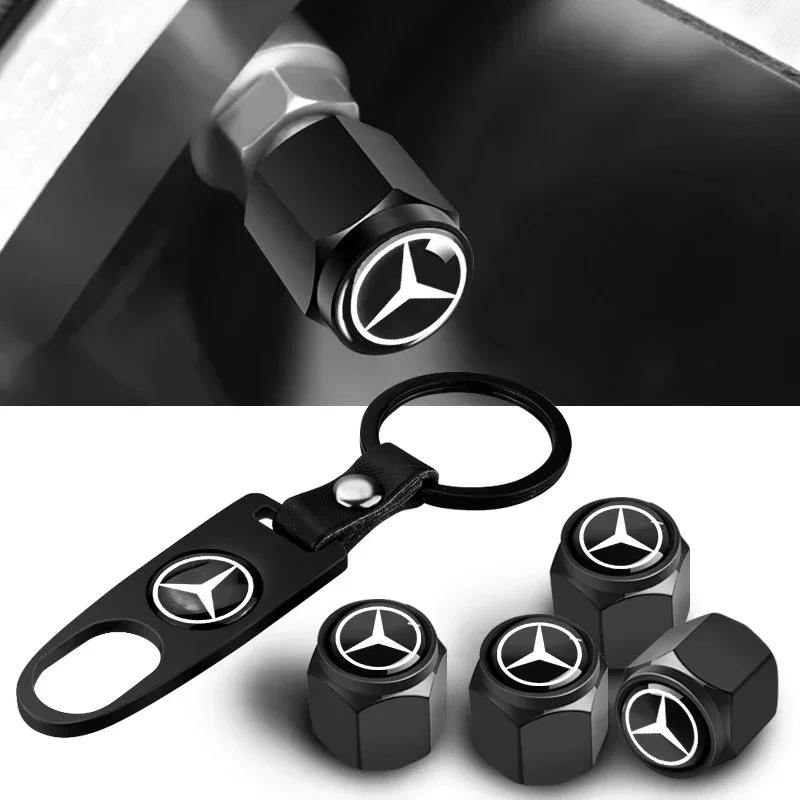 AABIH1 Car Wheel Tire Valve Stems Caps with car Keychain keyrings For Mercedes benz A B R G Class AMG GLK GLA CLA W204 W251 W176