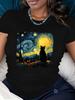 Women's Van Gogh Starry Night Cat Graphic T-Shirt Short Sleeve Crew Neck Casual Top for Spring & Summer Black Polyester Blend