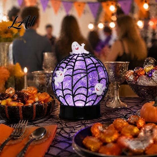 Spooky Party Glitter Ball Halloween Ghost Table Light Lamp, Glowing Spiderweb Faux Crystal Sphere
