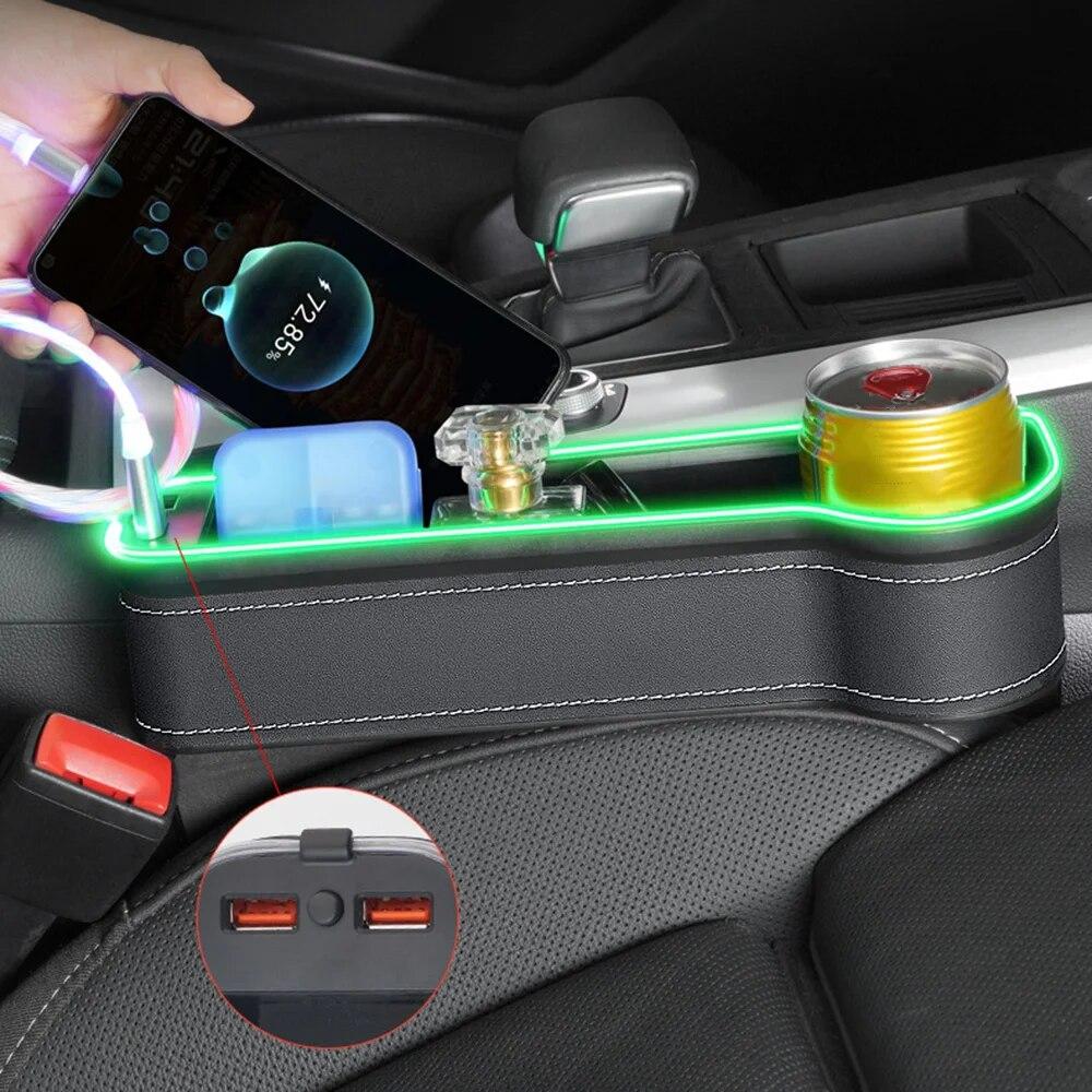 Новый автомобильный ящик для хранения щелей с 2 USB-зарядными устройствами, красочный светодиодный карманный органайзер для сидений, держатель для бутылок и чашек для карточек, телефонов