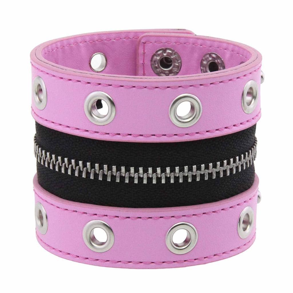 European & American Rivet Chain Punk Leather Bracelet with Zipper & Breathable Round Hole Design