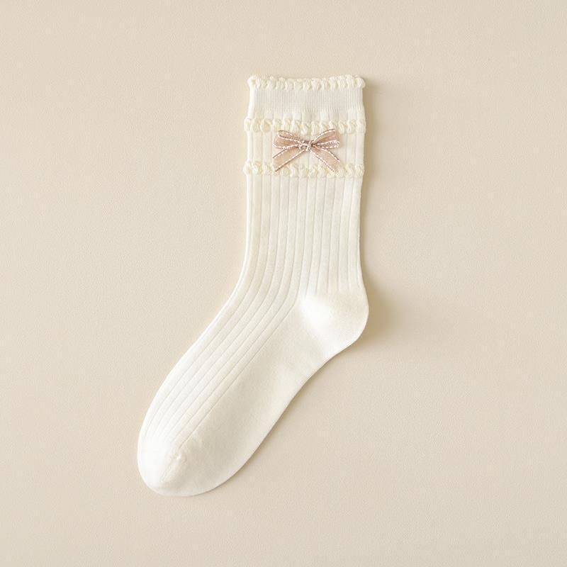 5 Pairs of Thin Solid-color Sweet Bow Mid Calf Socks for Girls In Summer