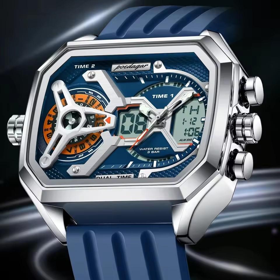 Роскошные мужские часы LED Календарь Неделя Светящиеся Мужские Наручные часы Электронные Прямоугольные Силиконовый Ремешок Кварцевые Мужские Часы