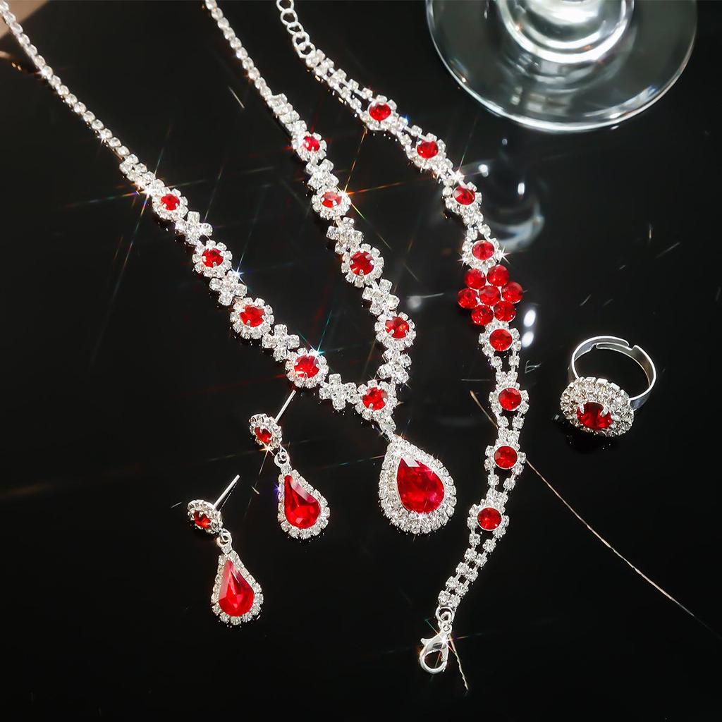 Европейский и американский многоцветный набор украшений со стразами: Зеленый, Синий и Красный Ожерелье, Серьги, Браслет и Кольцо