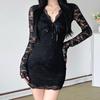 Women's Dark Sexy Wind Lace Bow V-neck Long-sleeved Imperial Sister Waisted Hip Thin Temperament Short Dresses