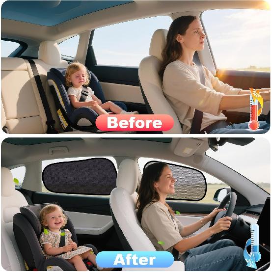 XCBYT Tesla Model Y Car Window Shades For Baby | 4 PCS Cling Side Window Sun Shade For Sun Blocker, Heat Ulation | Semi-Transparent Car Privacy