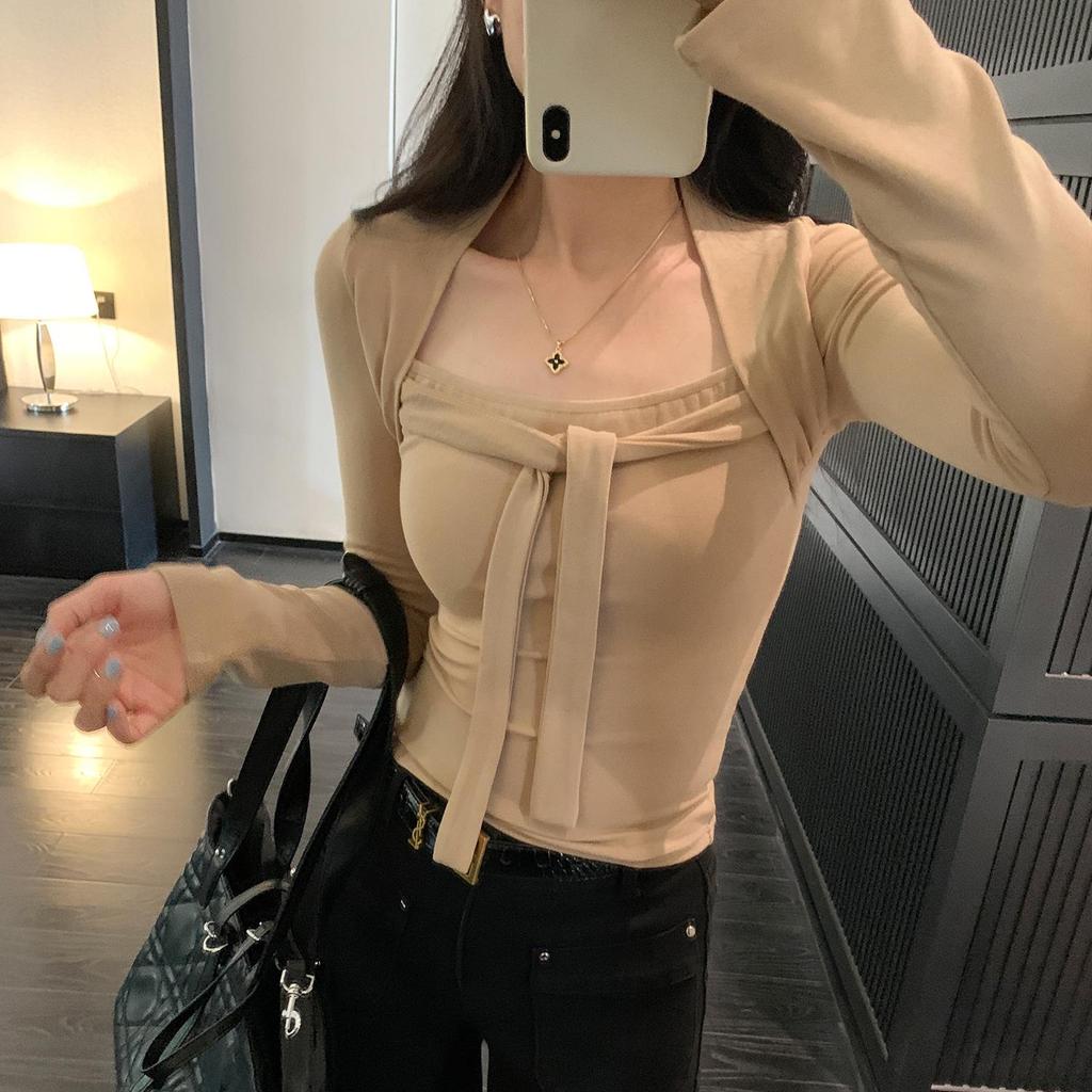 Chic Square Neck Lace-Up Slim Fit Short Top for Women - Autumn/Winter Fashion