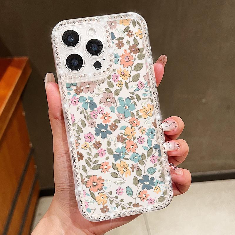 Прозрачный мягкий силиконовый чехол с цветочным узором для iPhone 16E 16 Pro Max 15 Pro 14 13 12 11, противоударный прозрачный чехол для телефона с алмазной рамкой