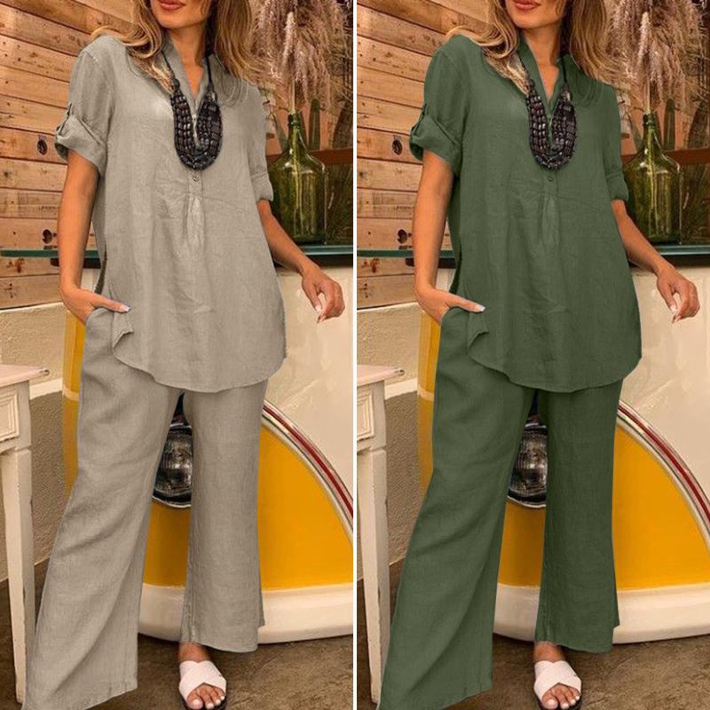 Women Short Sleeve Blouse and Pants Casual Two Piece Sets