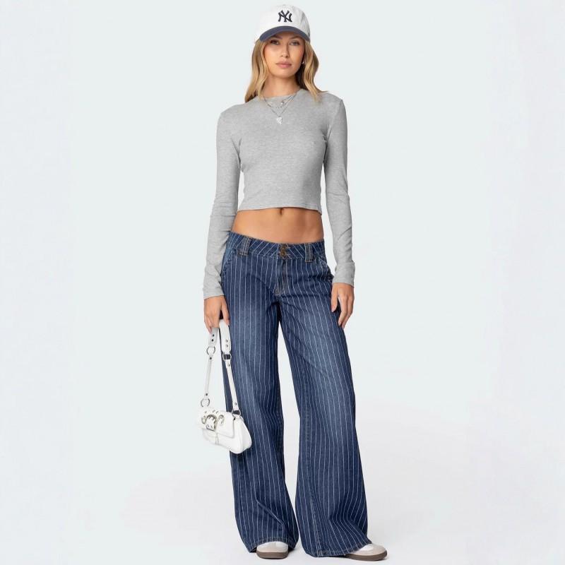 Womens Blue Washed Wide Leg Straight Cut Denim Jeans High Waist Loose Fit Casual Cotton Pant