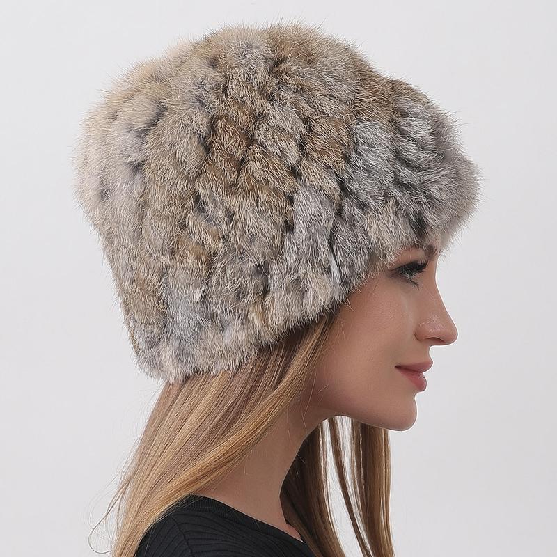 Вязаная шапка из кролика с натуральным мехом для тепла зимой