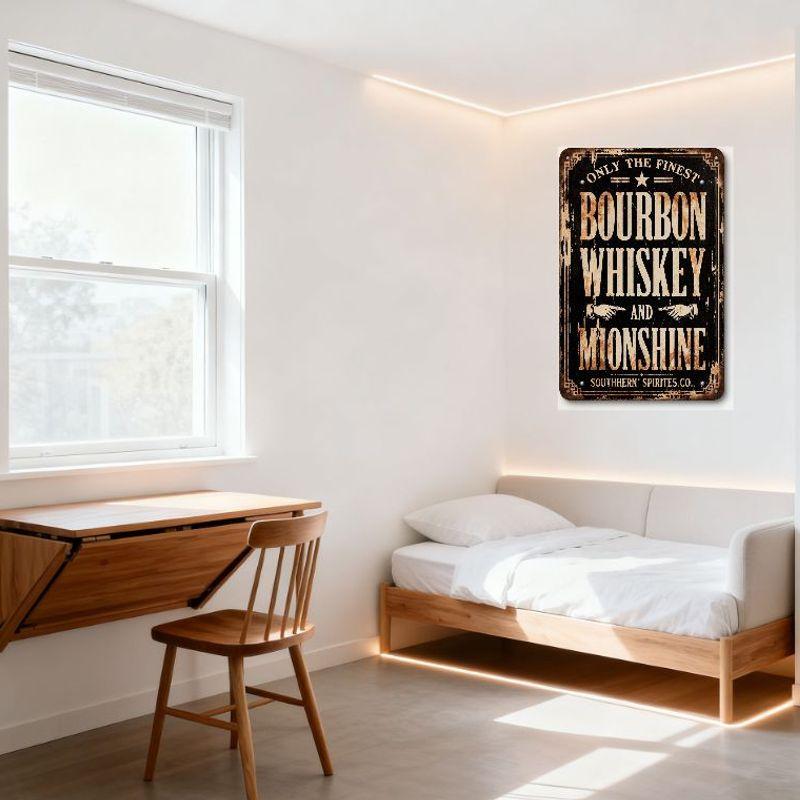 Винтажная металлическая жестяная вывеска "Южный самогон Бурбон Виски", Потертый черный фон с белым текстом, Орнаментированная рамка, Мужская берлога
