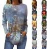 Ladies' Loose Round Neck Retro Pattern Printed Long Sleeved T-shirt Top Pullover For Christmas