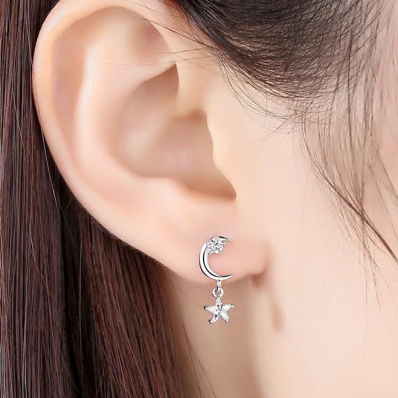 Модные асимметричные серьги серебряного цвета, серьги-подвески в виде звезд и луны для женщин, невест, подружек невесты, подарки на День святого Валентина