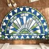 Blue Green Geometric Mosaic Half Round Bath Mat, Non‑Slip Water Absorbent Modern Bathroom Floor Rug
