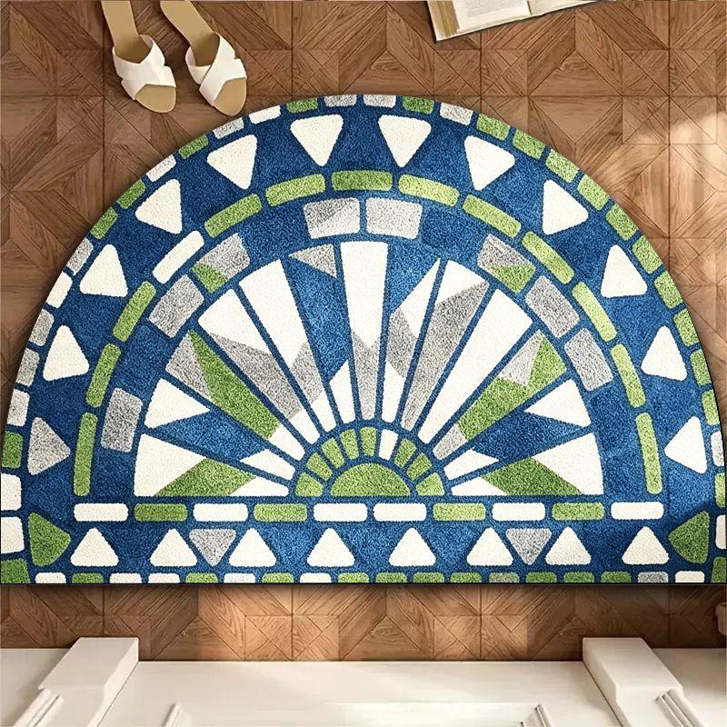 Blue Green Geometric Mosaic Half Round Bath Mat, Non‑Slip Water Absorbent Modern Bathroom Floor Rug