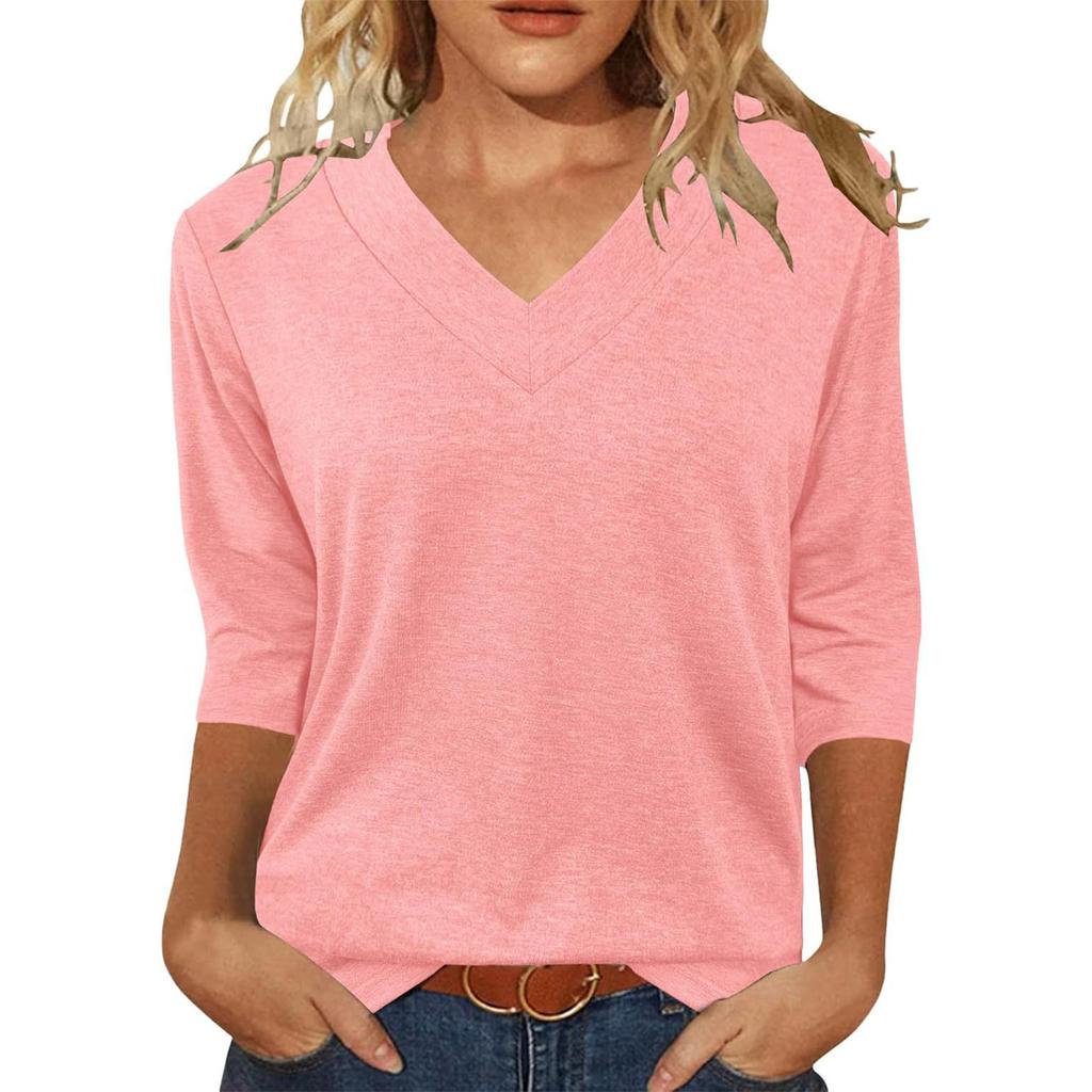 Women's Color V-Neck Three-Quarter Sleeve Casual Top