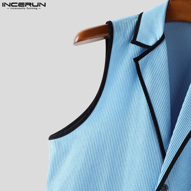 INCERUN Men Lapel Sleeveless Stitching Slim Waist Buttons Up Rib Vest Waistcoat