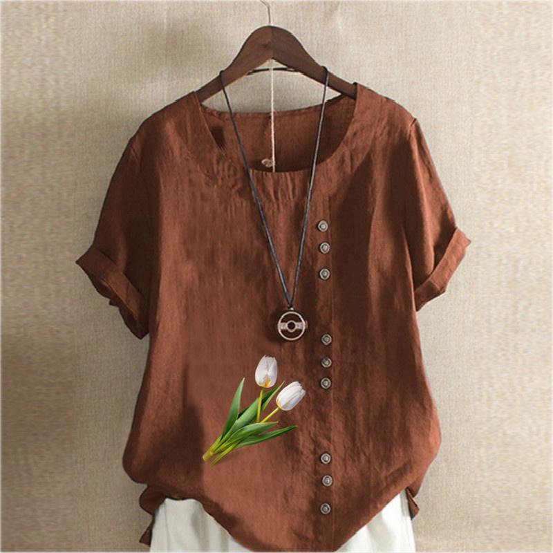 Women's Fashion Round Neck Short Sleeve T-shirt Casual Cotton Linen Graphic Shirt Leisure Loose Tulips Prined Summer Blouse Tops