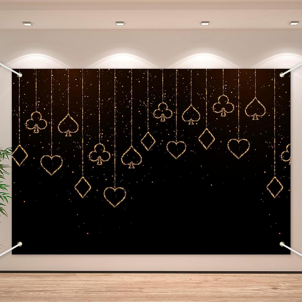 Poker Black Golden Sparkle Photography Background Playing Cards Shining Backdrop Banner for Boy Girl Casino Night Party